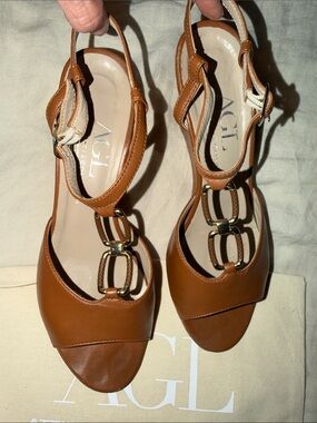 AGL Tan Leather Slingback Heels with Gold Buckle